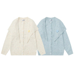 Speckled Knit Cardigan With Detachable Shawl Collar & Flower Brooch
