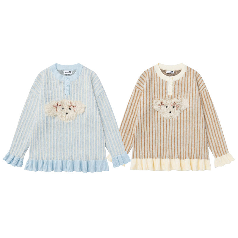 Vertical Stripe Knit Sweater With Plush Dog Patch & Ruffle Hem