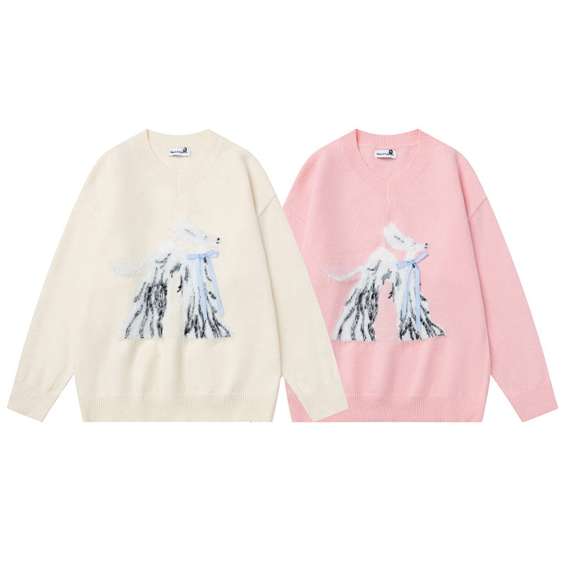 V‑Neck Knit Sweater With Fuzzy Dog Graphic & Bow Accent