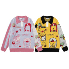Polo Collar Fuzzy Knit Sweater Cartoon Bear Full Jacquard