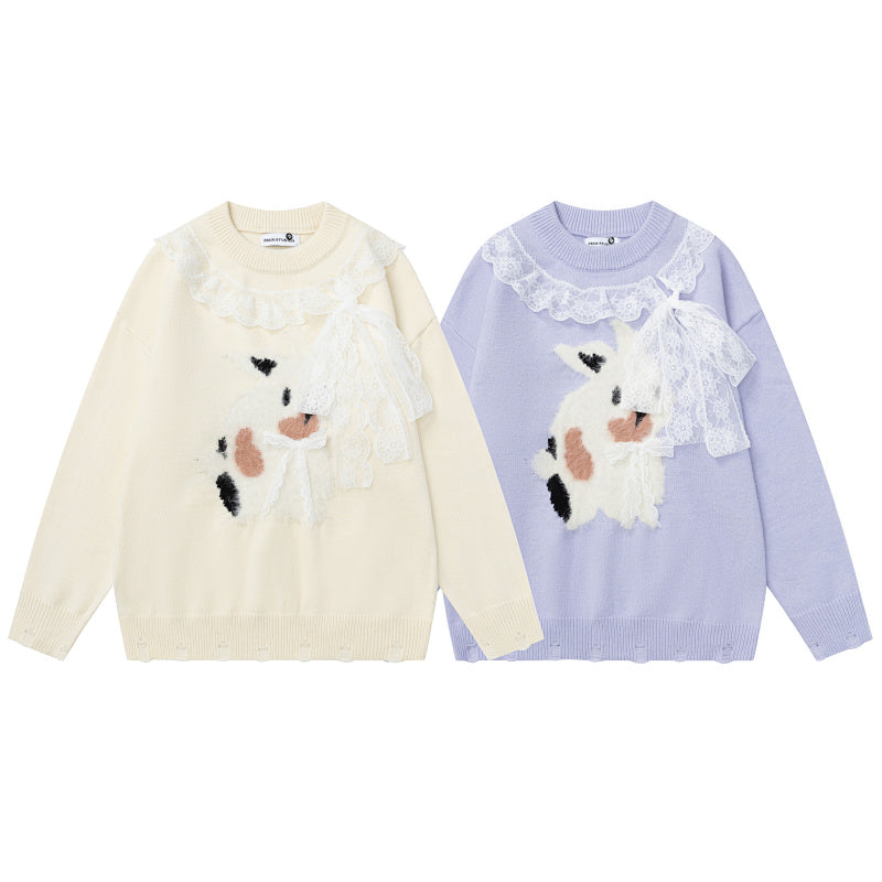 Lace Ruffle Bow Crewneck Sweater With Fuzzy Cow Motif