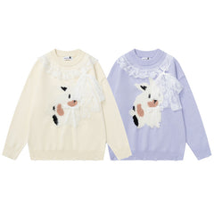 Lace Ruffle Bow Crewneck Sweater With Fuzzy Cow Motif