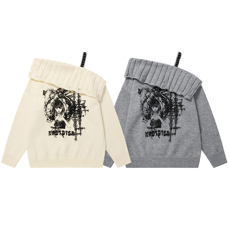 Off‑Shoulder Distressed Knit Sweater Gothic Girl Back Print