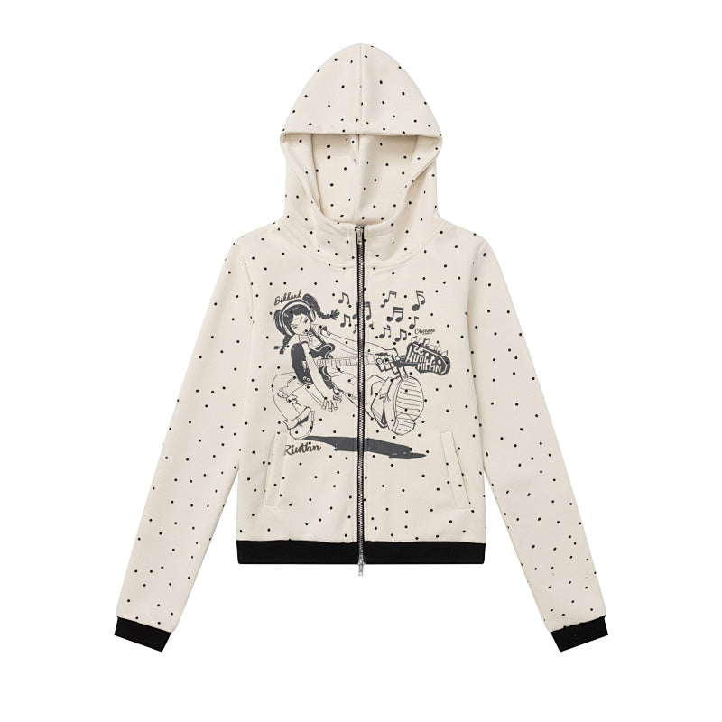 Polka Dot Zip‑Up Hoodie Guitar Girl Graphic
