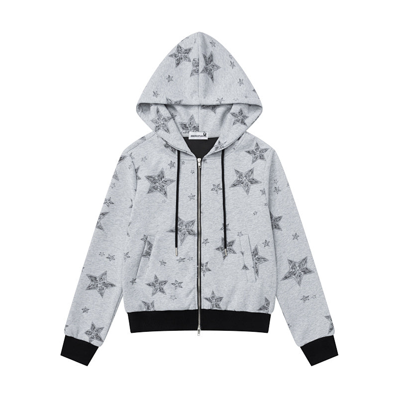 Sketch Star Print Zip‑Up Cropped Hoodie