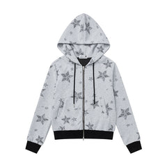 Sketch Star Print Zip‑Up Cropped Hoodie