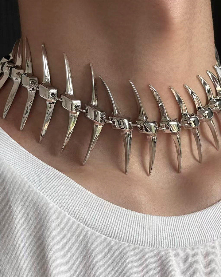 Silver Thorn Spike Fishbone Necklace