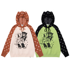 Raglan Star Knit Hoodie Anime Girl Graphic