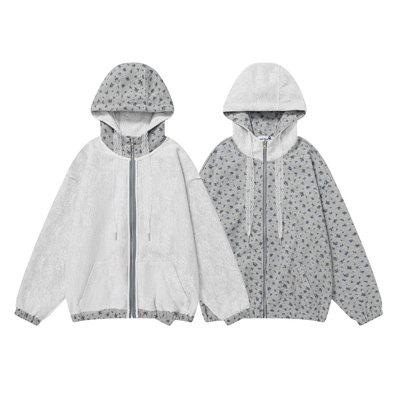 Reversible Floral Lace Zip‑Up Hooded Jacket