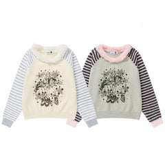 Fur Collar Striped Raglan Knit Sweater Anime Girl Print