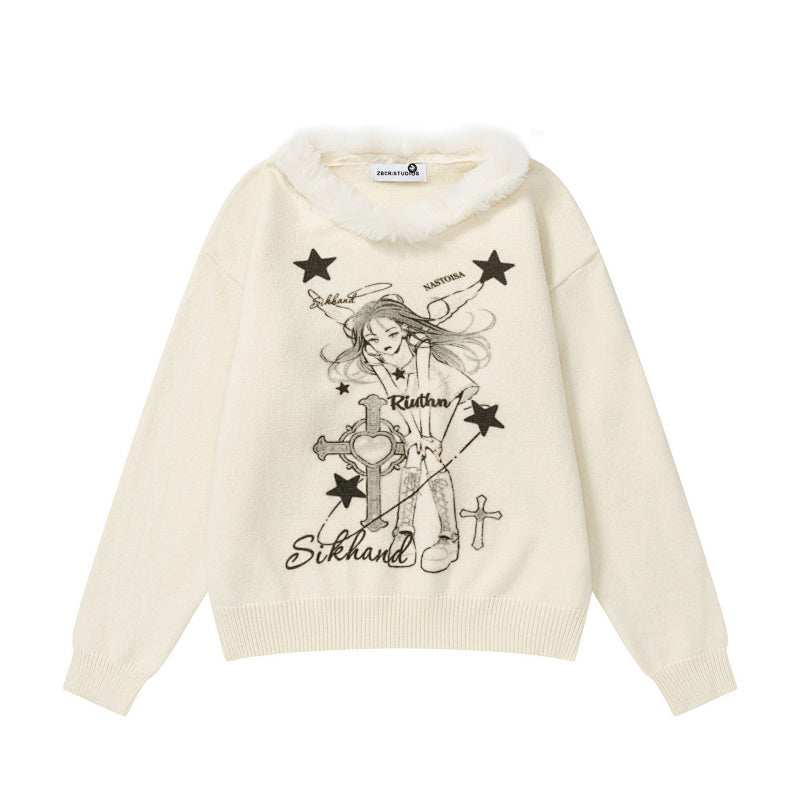 Fur Collar Knit Sweater Gothic Girl Cross Star Print