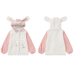 Color Block Bunny Ear Fleece Hooded Jacket