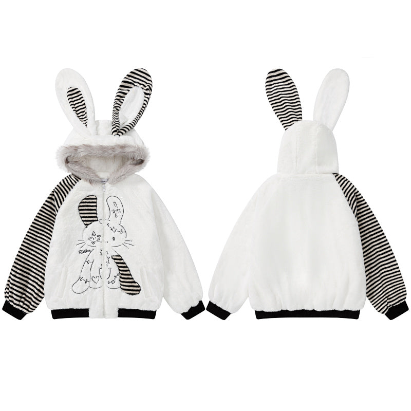 Striped Bunny Ear Fuzzy Zip Jacket Bunny Embroidery