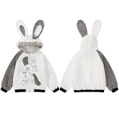 Striped Bunny Ear Fuzzy Zip Jacket Bunny Embroidery