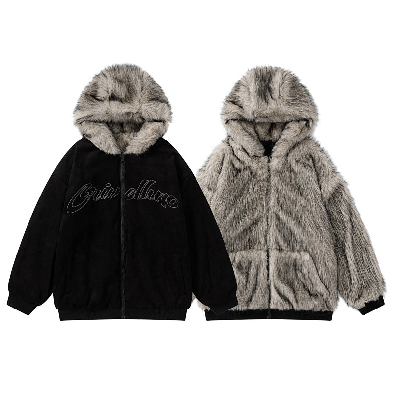 Reversible Faux Fur Hooded Jacket Script Embroidery