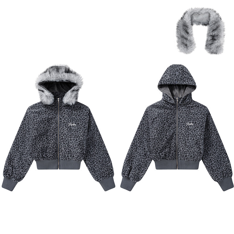 Detachable Fur Trim Grey Leopard Cropped Hooded Jacket