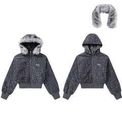 Detachable Fur Trim Grey Leopard Cropped Hooded Jacket