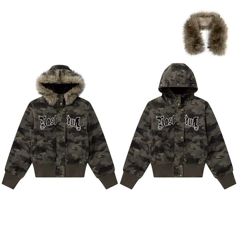 Detachable Fur Collar Camo Bomber Jacket Gothic Letter Embroidery