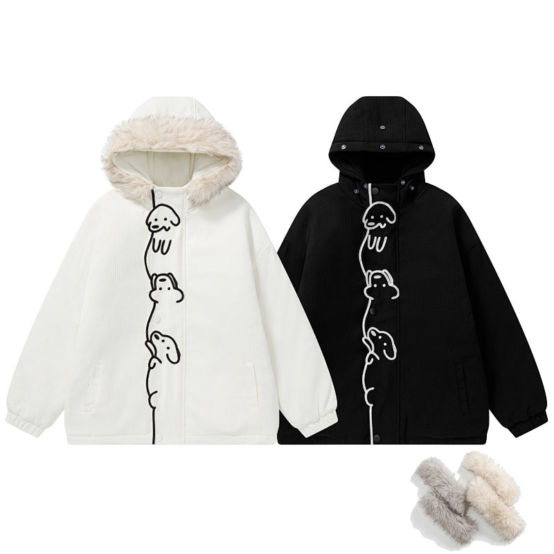 Detachable Fur Collar Cartoon Dog Embroidered Hooded Coat