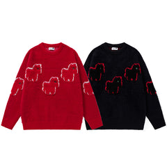 Fuzzy Knit Sweater Cartoon Pony Motif Jacquard
