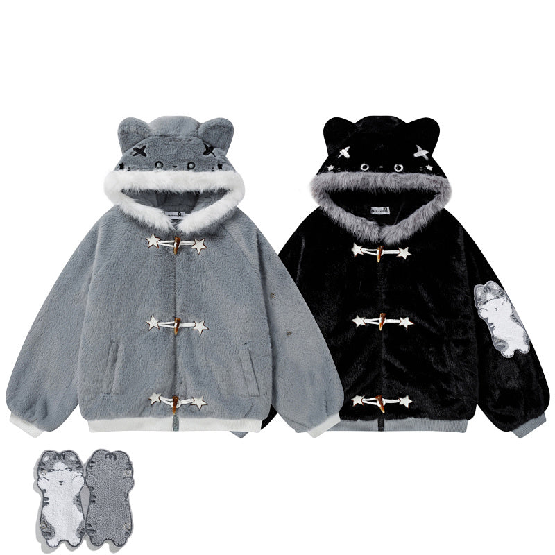 3D Cat Ear Plush Toggle Coat Star Accents Sleeve Patches