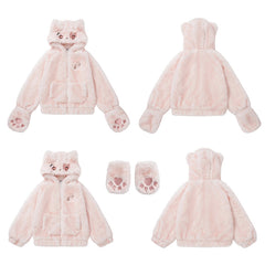 3D Cat Ear Faux Fur Zip Jacket Heart Eye Embroidery