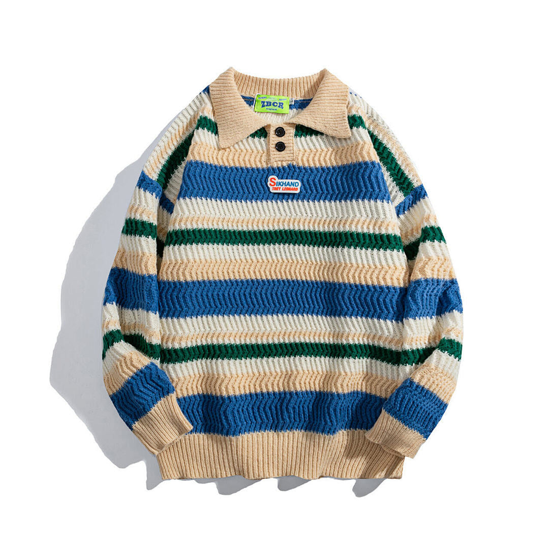 Multicolor Stripe Textured Polo Knit Sweater
