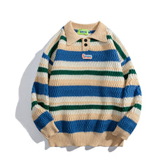 Multicolor Stripe Textured Polo Knit Sweater