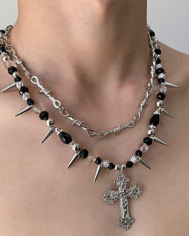 Layered Cross Spike Beaded Necklace