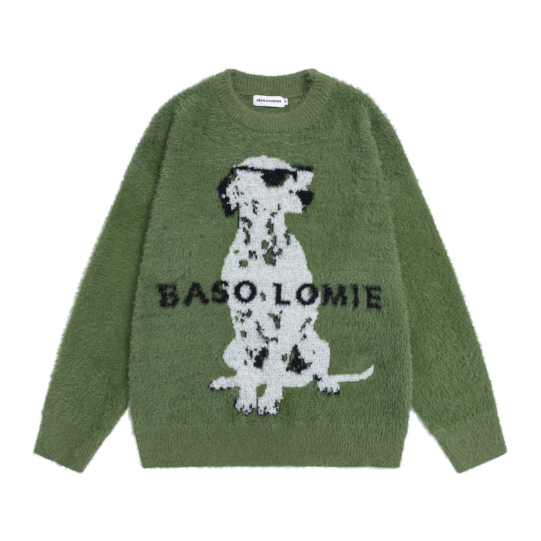 Fuzzy Dalmatian Dog Graphic Knit Sweater