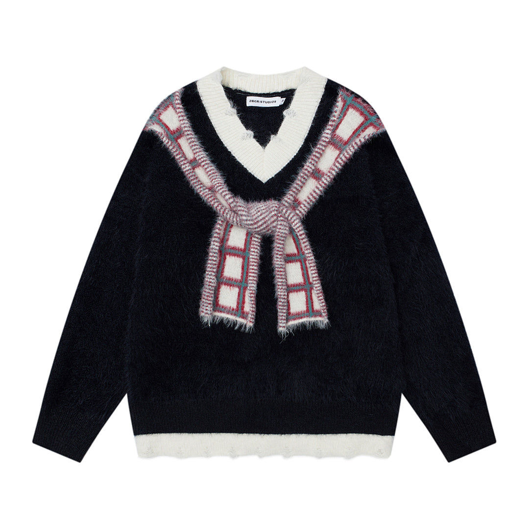 Faux Mink Plaid Scarf‑Decor V‑Neck Knit Sweater