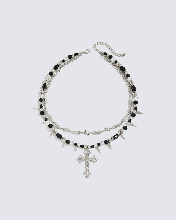 Layered Cross Spike Beaded Necklace