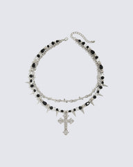 Layered Cross Spike Beaded Necklace