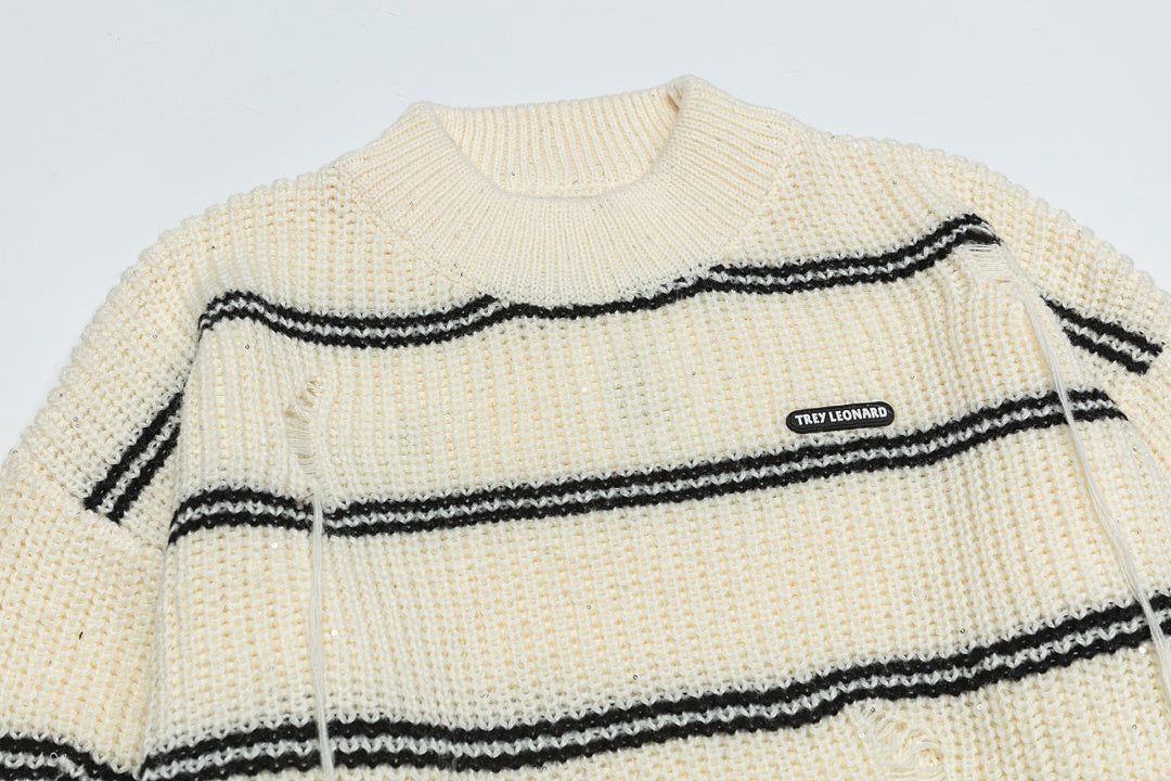 Distressed Fringe Striped Crewneck Knit Sweater