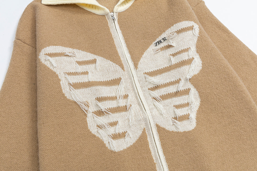 Butterfly Distressed Zip‑Up Knit Jacket