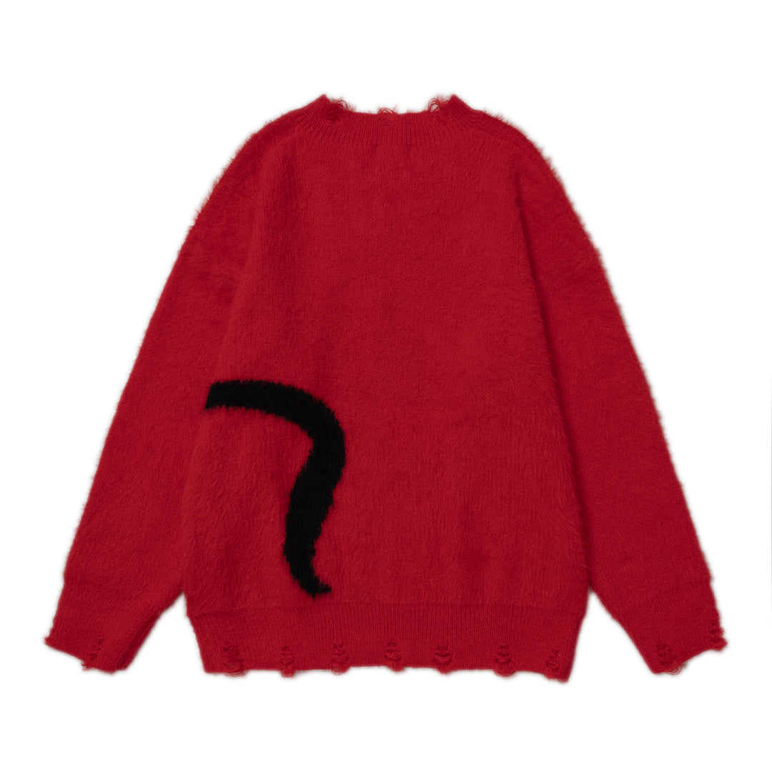 Distressed V‑Neck Black Cat Graphic Fuzzy Knit Sweater