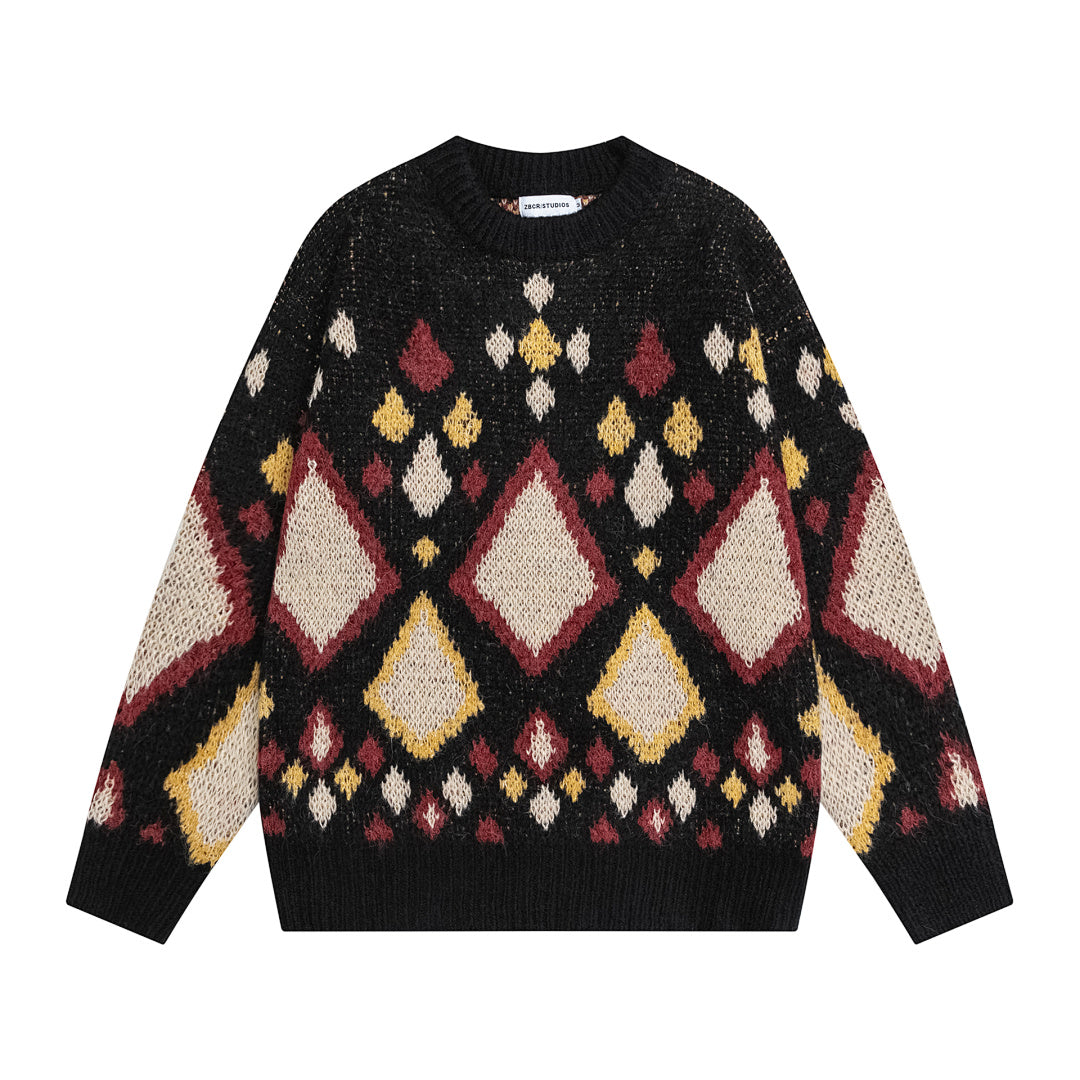 Vintage Argyle Geo Jacquard Knit Sweater