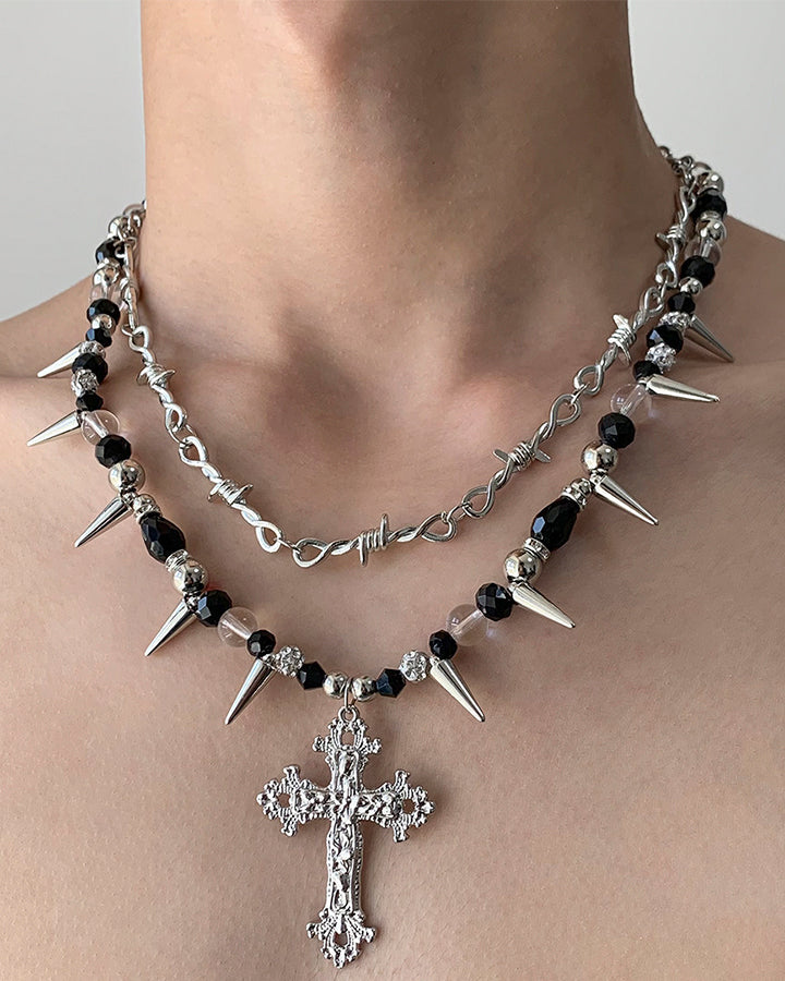 Layered Cross Spike Beaded Necklace