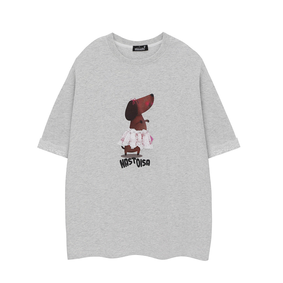 Ballet Dachshund Print Lace Cuff Tee