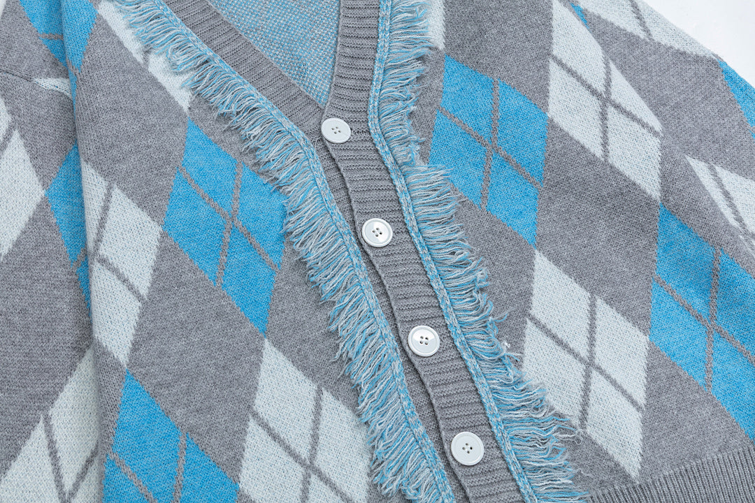 Argyle Tassel Fringe V‑Neck Knit Cardigan