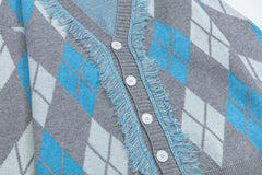 Argyle Tassel Fringe V‑Neck Knit Cardigan