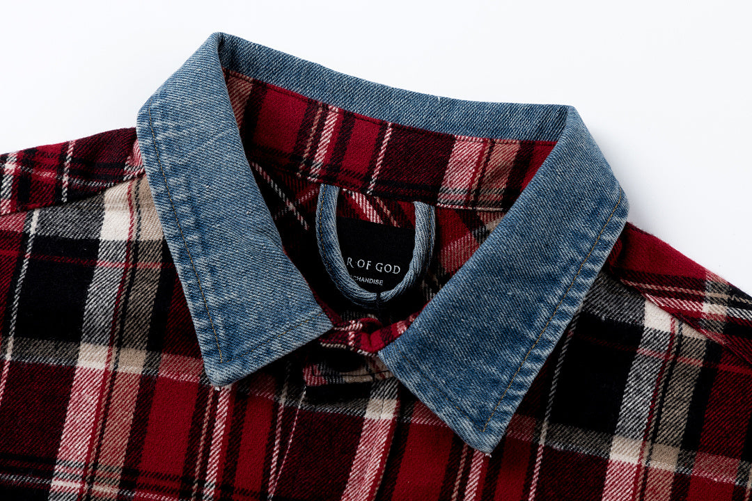 Street Ace Denim Collar Red Plaid Long‑Sleeve Shirt
