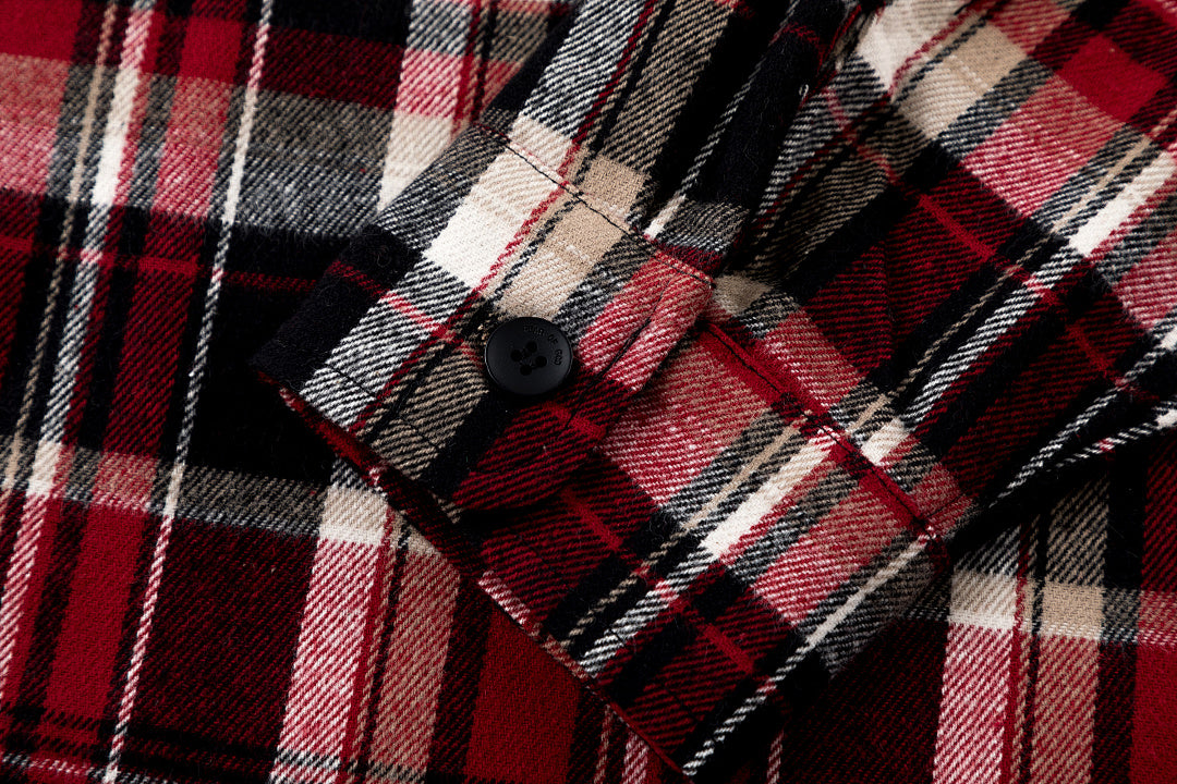Street Ace Denim Collar Red Plaid Long‑Sleeve Shirt