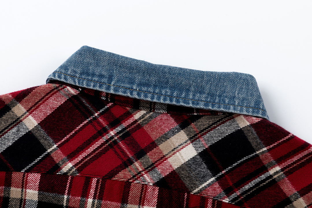 Street Ace Denim Collar Red Plaid Long‑Sleeve Shirt