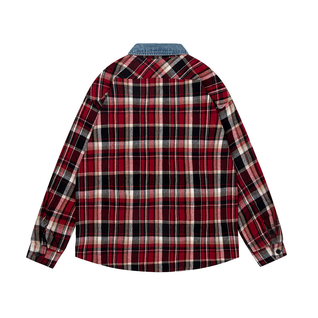 Street Ace Denim Collar Red Plaid Long‑Sleeve Shirt