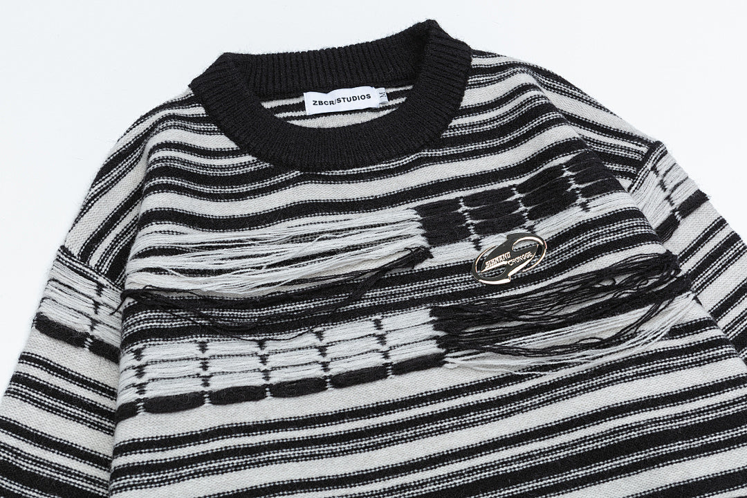 Striped Fringe Detach Knit Crewneck Sweater