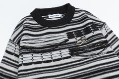 Striped Fringe Detach Knit Crewneck Sweater