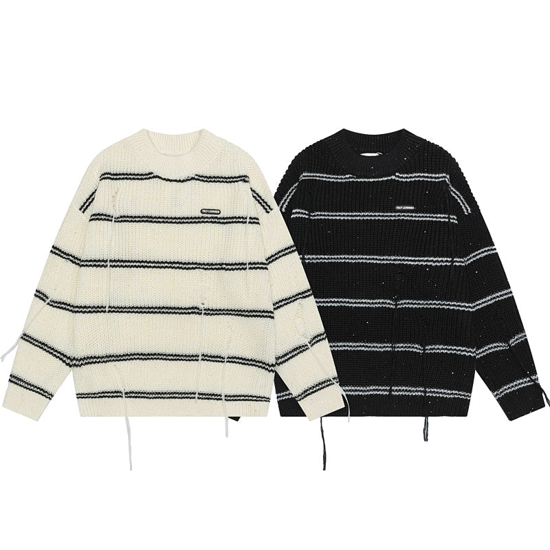 Distressed Fringe Striped Crewneck Knit Sweater