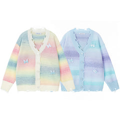 Gradient Tie‑Dye Distressed Cardigan 3D Butterfly Appliqué