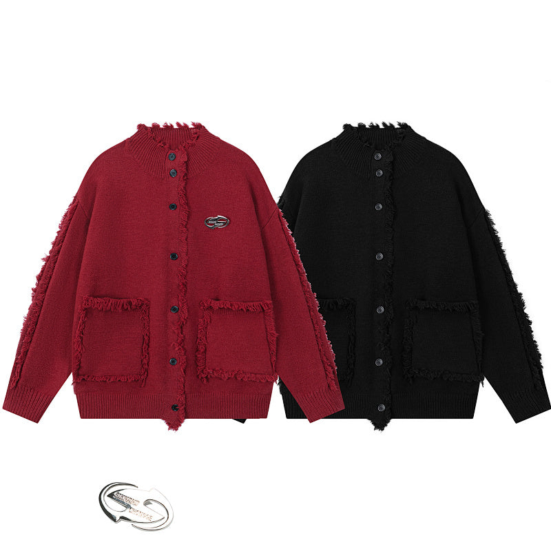 Frayed Raw Edge Knit Cardigan Metal Badge Detail